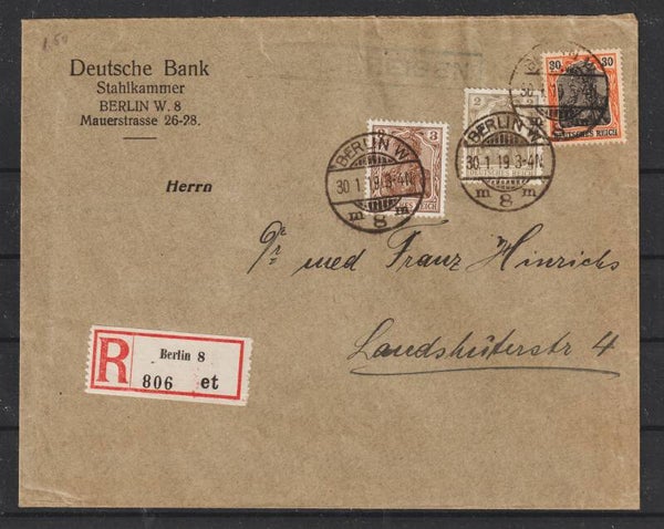 MiNr. 84, 89, 102 auf R-Brief  BERLIN 30.1.19  (s24134)