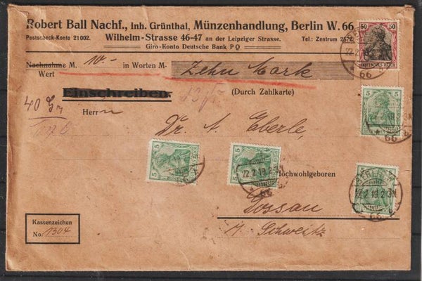 MiNr. 91, 85 Wert-Brief "Robert Ball Nachf. Münzhandlung"  BERLIN 22.2.19  (s24134)