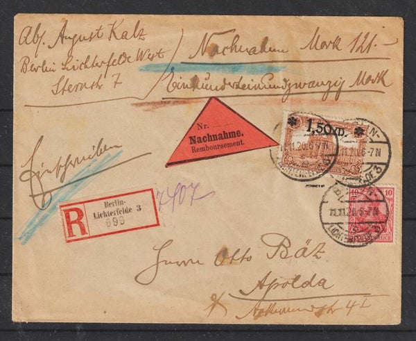 MiNr. 117 auf Nachnahme R-Brief  BERLIN (LICHTENBERG) 11.11.20, geprüft  (s24135)