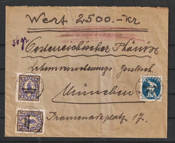 MiNr. 128, 132 (2x) auf Wert-Brief  ROSENHEIM  8.9.21  (s24135)
