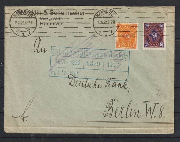 MiNr. 205, 207 auf Brief  HANNOVER 16.12.22  (s24135)