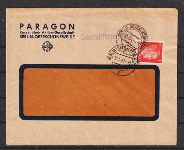 MiNr. 786 Brief "PARAGON Kassenblock.." BERLIN OBERSCHÖNEWEIDE 12.5.42 (s24135)