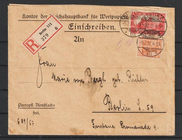 MiNr. A 113, 141 auf R-Brief  BERLIN 9.2.21  (s24136)