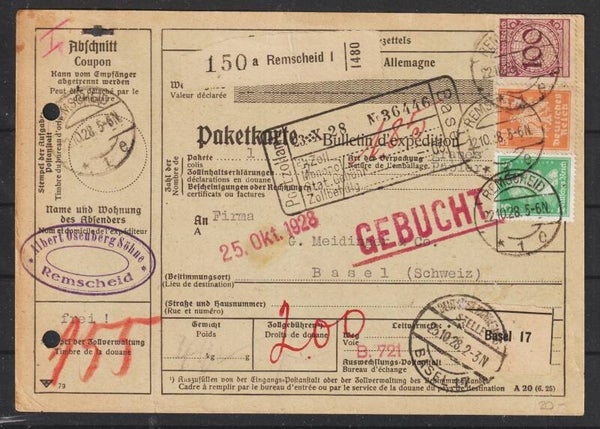 MiNr. 343, 361, 387 auf Paketkarte REMSCHEID 22.10.28   (s24138)