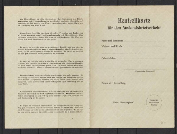 ungebrauchte Kontrollkarte für den Auslandsbriefverkehr   (s24138)