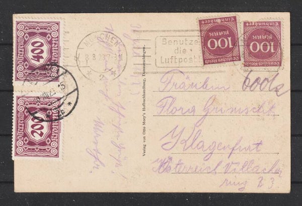 MiNr. 268 auf AK MÜNCHEN 8.8.23 mit österreichischer Zusatzfrankatur  (s24139)