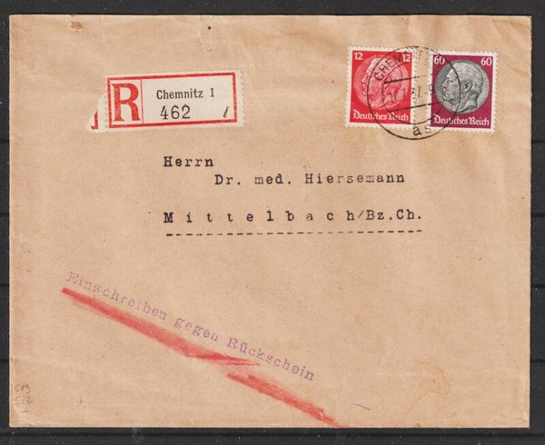 MiNr. 526, 519 auf R-Brief gegen Rückschein CHEMNITZ 10.7.37 (s24139)