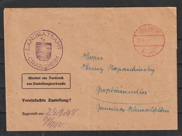 Brief Freistempel:  "CRAILSHEIM 23.9.48 Bezahlt"  (s24140)