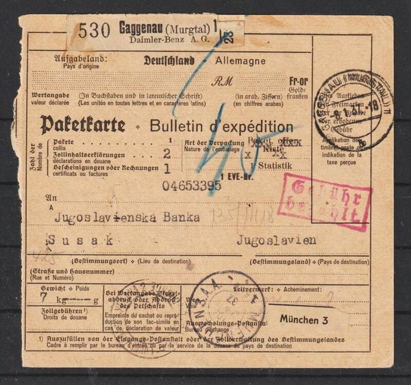 GAGGENAU (Murgtal) DAIMLER BENZ AG 8.1.37 nach Jugoslavien   (s24140)
