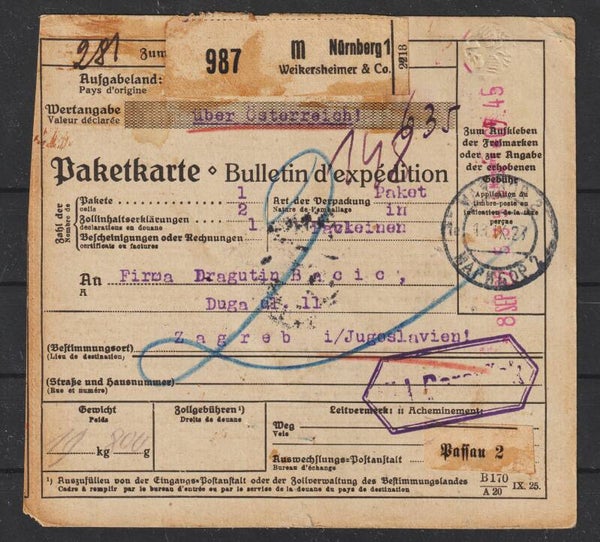 Paketkarte NÜRNBERG 13.9.27  "Weikersheimer & Co" nach Jugoslavien   (s24140)