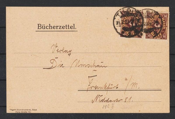 MiNr. 208 (2x) auf Bücherzettel  TILSIT 31.7.23, Letzttag PP 14 (24121)
