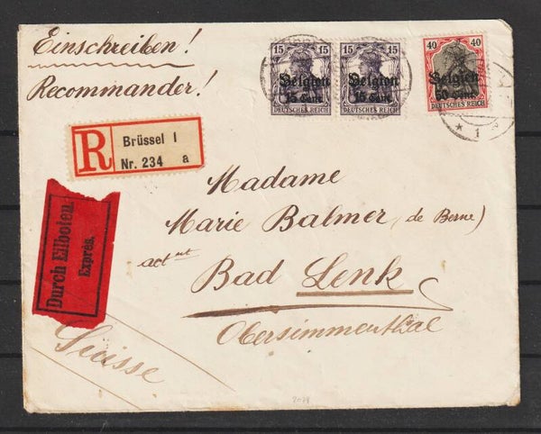 Dt. Besetzung Belgien MiNr. 20, 16 auf Eilboten R-Brief BRÜSSEL  18.VI.18  (s24141)