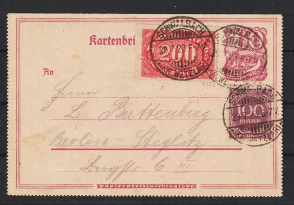 Ganzsache Kartenbrief K 23,  SCHWALBACH 29.7.23, geprüft  (s24121)