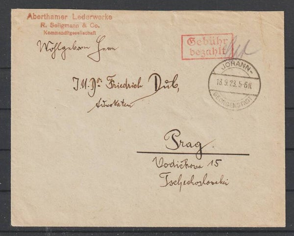 Brief der "Aberthamer Lederwerke", "Gebühr bezahlt" JOHANN-GEORGENSTADT 18.9.23 (s24121)