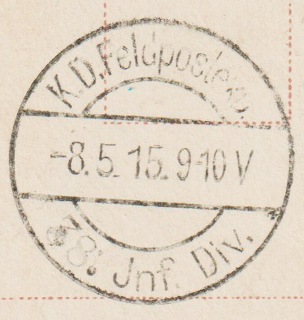 Feldpostkarte "FELD POSTEXPED. 38. INFANTRIE-DIVIDION"  5.8.15  (s24146)