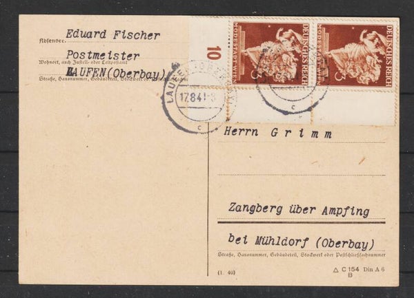 MiNr. 768 Bogenecke Postkarte   LAUFEN 17.8.41  (s24147)
