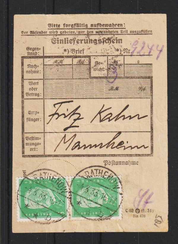 MiNr. 411 auf Post Einlieferungsschein  RATHENOW 4.3.33  (s24148)