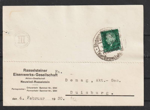 MiNr. 412 auf Postkarte "Rasselsteiner Eisenwerks-Gesellschaft" 3.2.30  (s24148)