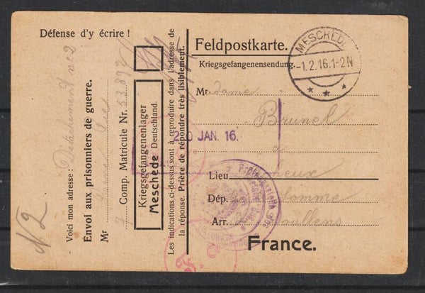 Feldpostkarte aus dem Kriegsgefangenenlager MESCHEDE 1.2.16  (s24149)