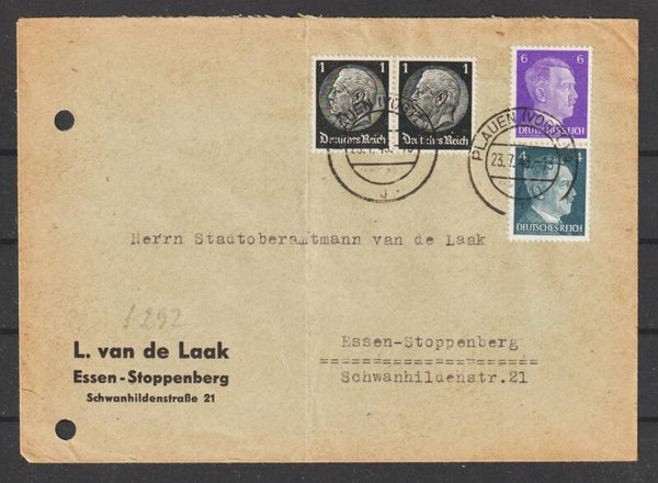 MiNr. S 292, MiNr. 512 (2x) auf Brief  PLAUEN (VOGTL) 23.7.43  (s24150)