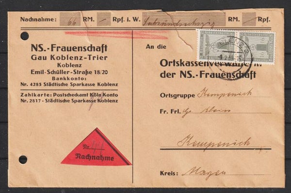 MiNr. D 151 auf Nachnahme Brief "NS.-Frauenschaft" KOBLENZ 8.2.39    (s24151)