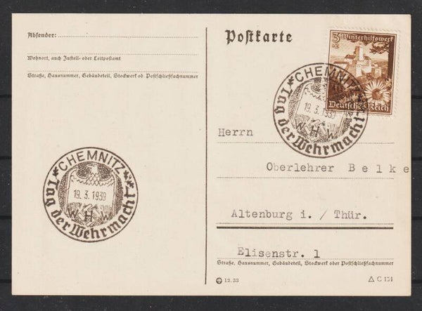 Postkarte mit SST "Tag der Wehrmacht" CHEMNITZ 19.3.39   (s24151)