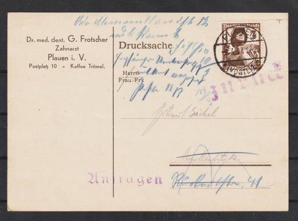 MiNr. 643 Postkarte PLAUEN 8.3.37 (s24152)