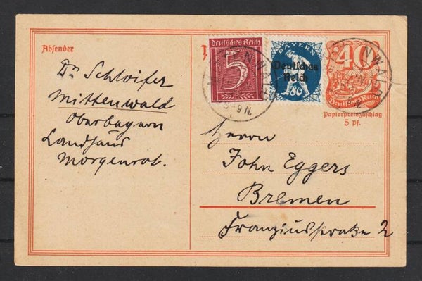 Ganzsache P 141 mit ZuF, MITTENWALD 24.JUN.22   (s24153)