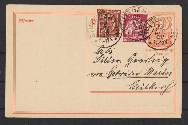Ganzsache P 141 mit ZuF, STUTTGART  29.APR.22  (s24153)