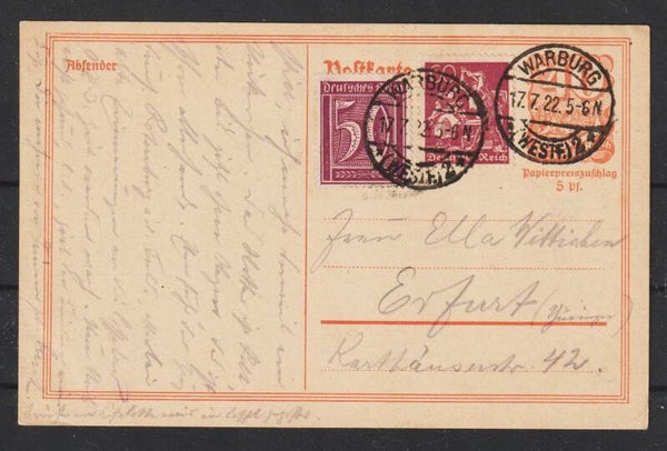 Ganzsache P 141 mit ZuF, WARBURG 17.7.22  (s24153)