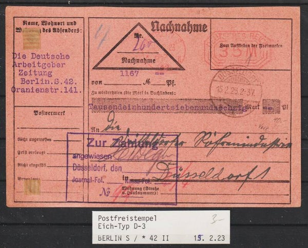 Freipost Stempel Eich-Typ D3 BERLIN 13.2.23   (s24155)