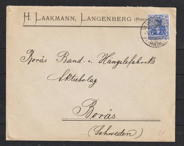 MiNr. 87 I auf Brief LANGENFELD 8.9.08 nach Boras / Schweden  (s24158)