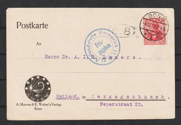 Postkarte " A.Marcus&E.Weber's Verlag" BONN 4.10.15, Zensurstempel  (s24163)