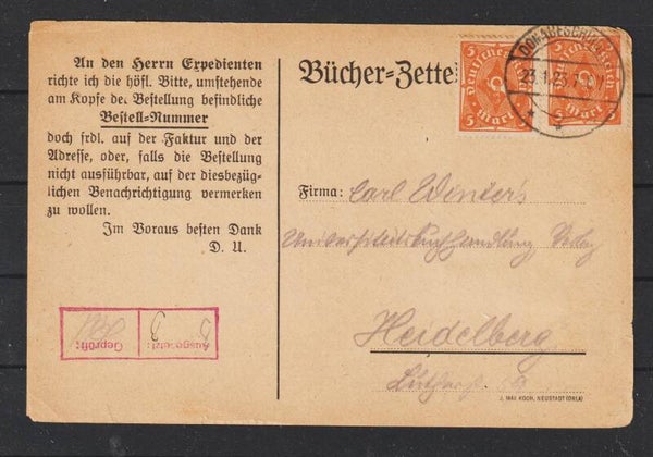 Bücherzettel "Otto Morn's Hofbuchhandlung" DONAUESCHINGEN  23.1.23  (s24166)