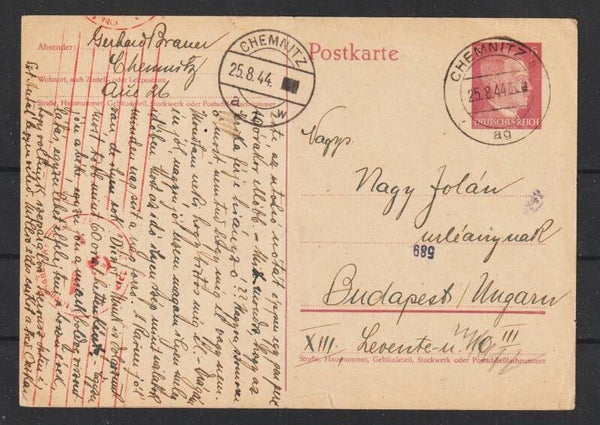 Ganzsache P 299 CHEMNITZ 25.8.44, Sonderporto, durch OKW zensiert  (s24167)