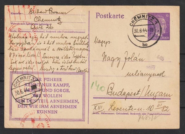 Ganzsache P 312 CHEMNITZ 30.6.44, Sonderporto, durch OKW zensiert  (s24167)