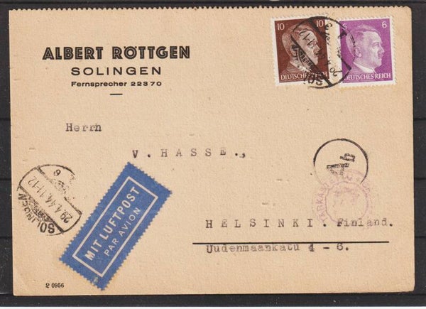 Luftpostkarte  SOLINGEN 29.4.44 nach Helsinki, zensiert (s24171)