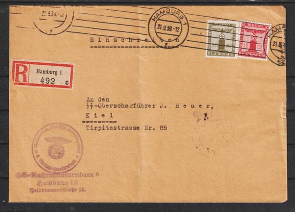 MiNr. D 153, 150 auf R-Brief "SS Nachrichtensturmbann 6"  HAMBURG 21.9.38  (s24173)