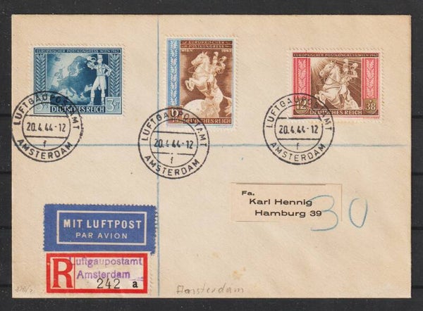 MiNr. 820-822 auf Luftpost Brief  LUFTGAUAMT AMSTERDAM 20.4.44  (s24176)