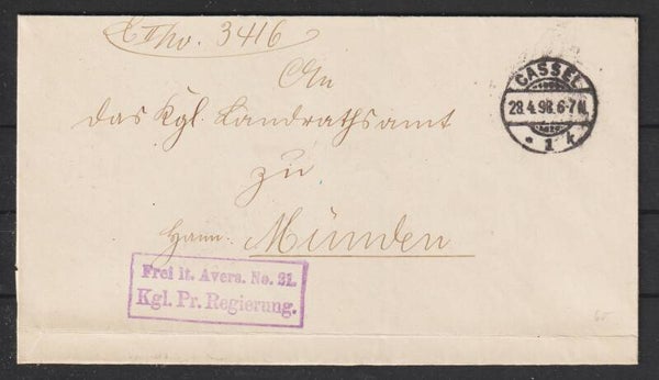 "Frei lt. Avers No. 21 Kgl.Pr.Regierung"  CASSEL 28.4.98  (s24178)