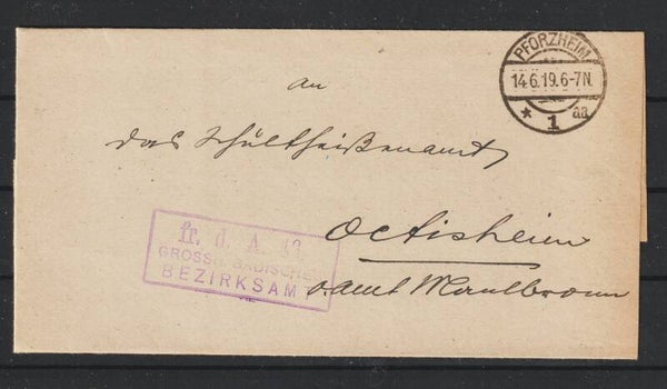 "Fr. d. A. 16 GROSSH.BADISCHES BEZIRKSAMT"  PFORZHEIM 14.6.19  (s24179)