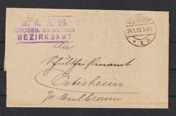 "Fr. d. A. 16 GROSSH.BADISCHES BEZIRKSAMT"  PFORZHEIM 21.1..19  (s24179)