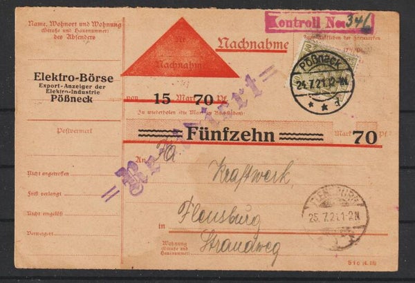 MiNr. 147 auf Nachnahme Zahlkarte PÖßNECK 24.7.21  (s24181)
