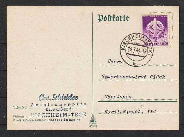 MiNr. 818 auf Postkarte KIRCHHEIM (TECK) 13.7.44  (s24181)