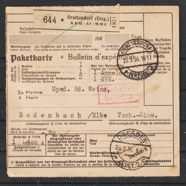 Paketkarte Crottendorf 25.3.36 nach Bodenbach   (s24182)