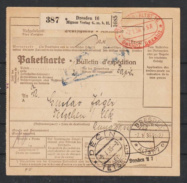 Paketkarte Dresden 7.1.36 nach Tetschen  (s24182)