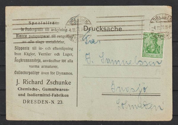 MiNr. 143 b EF auf Karte, Zudruck, DRESDEN 4.11,20 geprüft  (s24185)