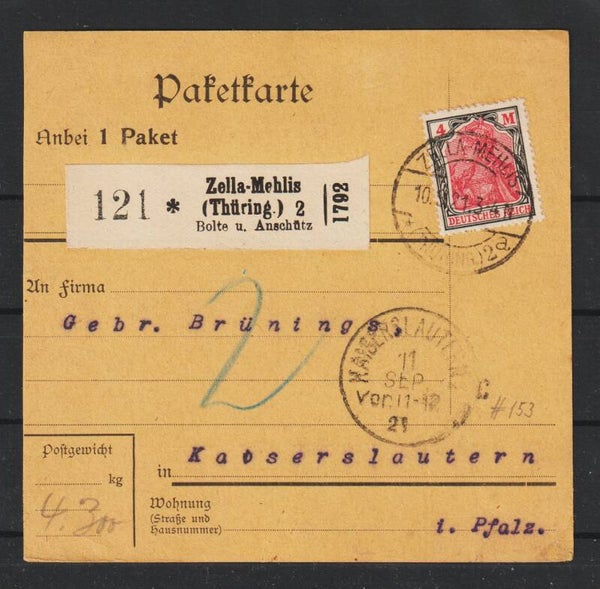 MiNr. 153 EF Paketkarte ZELLA-MEHLIS 10.9.21  (s24185)
