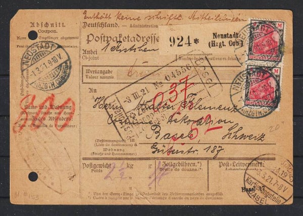 MiNr. 153 MeF Paketkarte NEUSTADT (HZGTH. COBURG) 1.3.21   (s24185)
