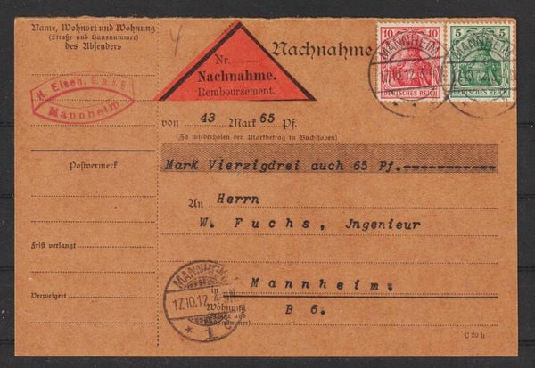 MiNr. 85 I, 86 I auf Nachnahme Karte MANNHEIM 17.10.12   (s24185)